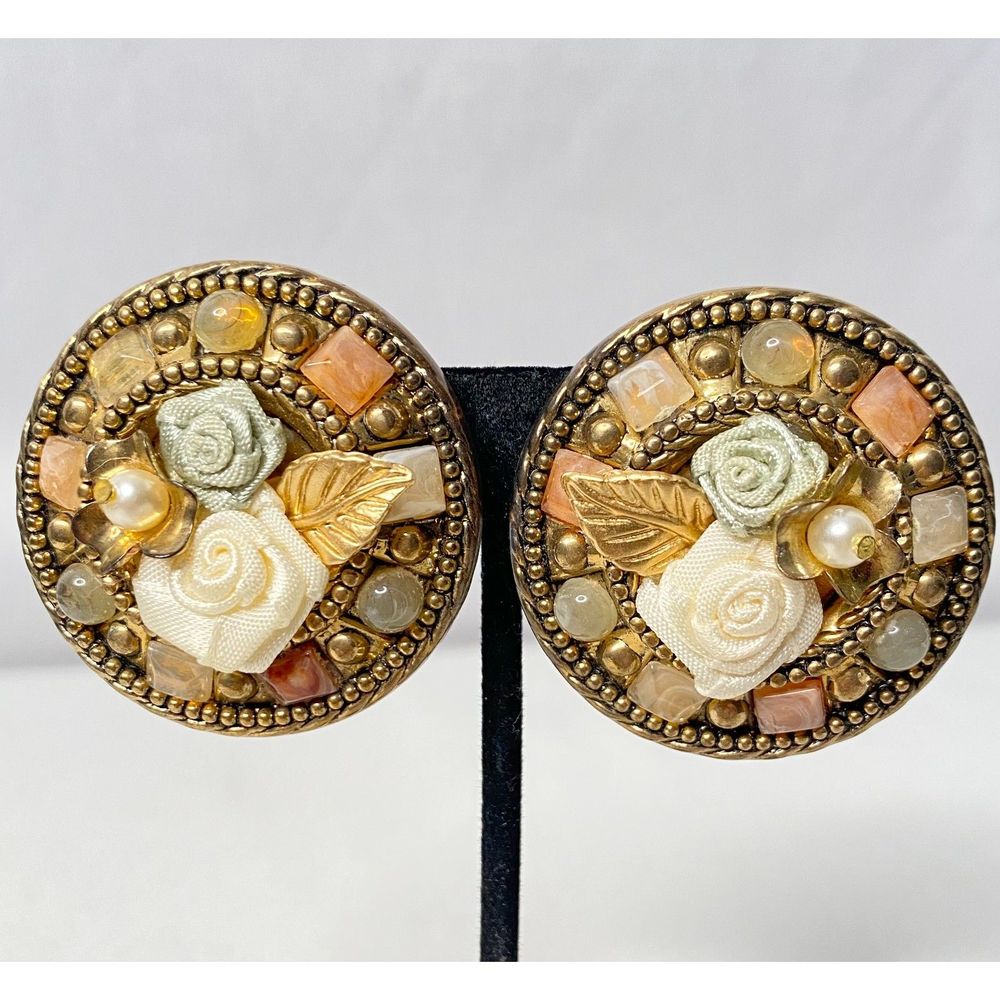 💎Round Floral Multi Media Gold Tone Chunky Stud Earrings Clip On